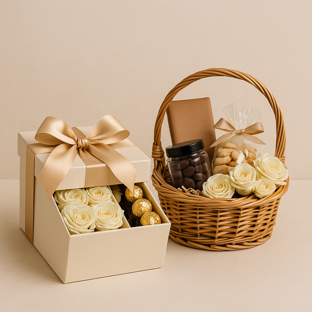 Luxury gift box and basket arranged with premium items for online delivery in Pakistan