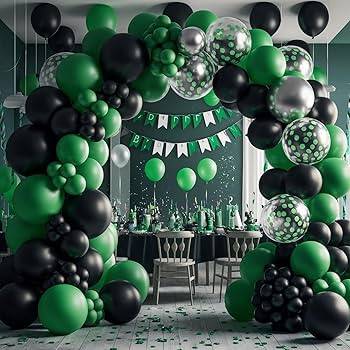14 August balloon arch decoration with green, black, and transparent balloons arranged professionally for Independence Day events in Pakistan.