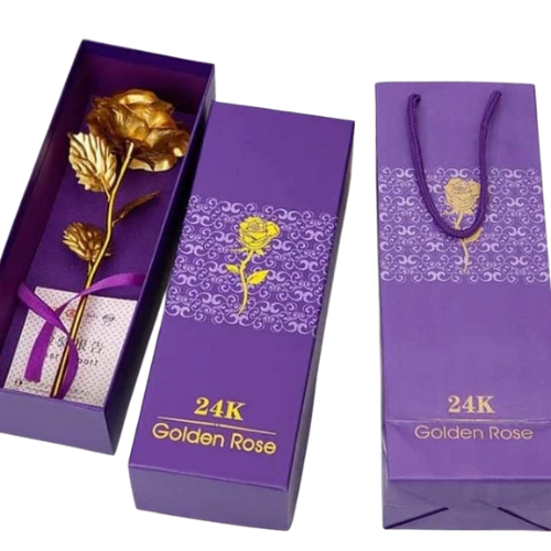 24K golden artificial rose in purple gift box – luxury romantic gift for wife or girlfriend
