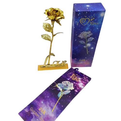 24K golden artificial rose in purple gift box – luxury romantic gift for wife or girlfriend