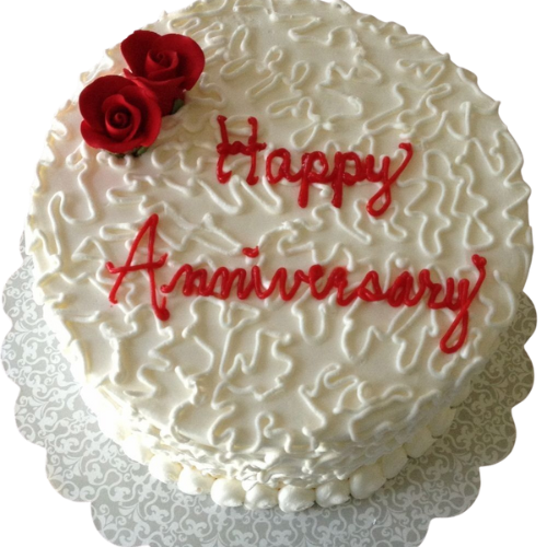 2 pounds anniversary cake with red roses and Happy Anniversary message in red icing.