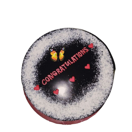 2 pounds black congratulations cake with red hearts, butterfly design, and white border