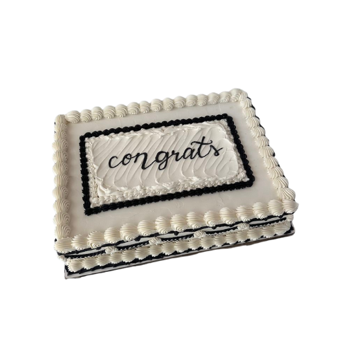 2 pounds rectangular white cream congratulations cake with black border and “Congrats” message