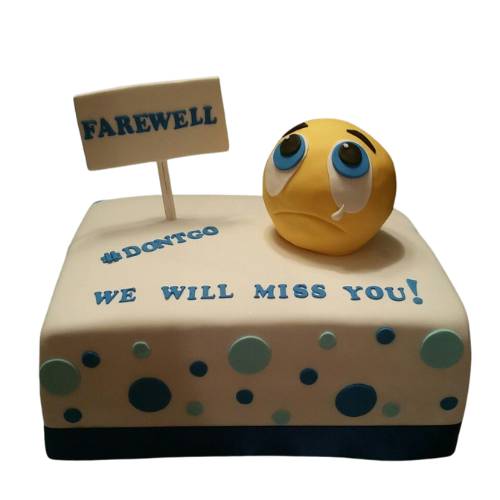 "Farewell cake with sad emoji topper, farewell sign, and We Will Miss You message in blue fondant."
