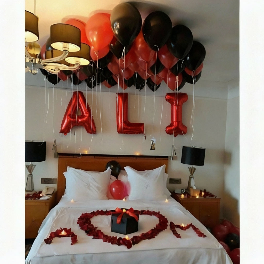 Romantic Balloon and Rose Petal Bedroom Setup