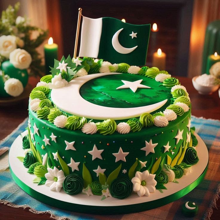 A customized 14th August cake with green and white frosting, featuring a crescent and star design, edible stars, and a message reading "Happy Independence Day.