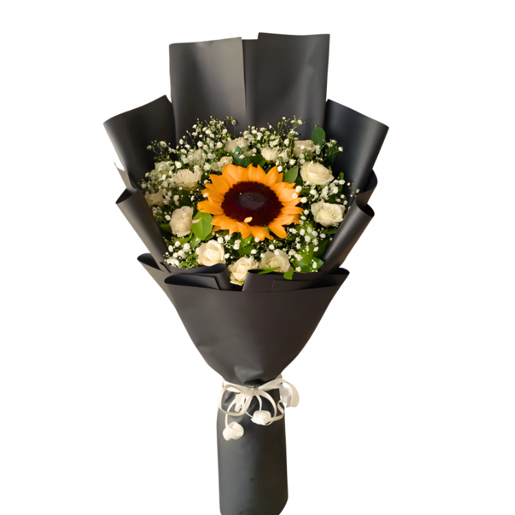 Sunflower & White Roses – Black Wrap