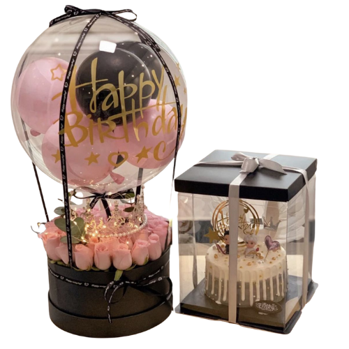 Birthday Balloon Gift Box with Pink Roses and Designer Cake – Luxury Birthday Combo in Pakistan