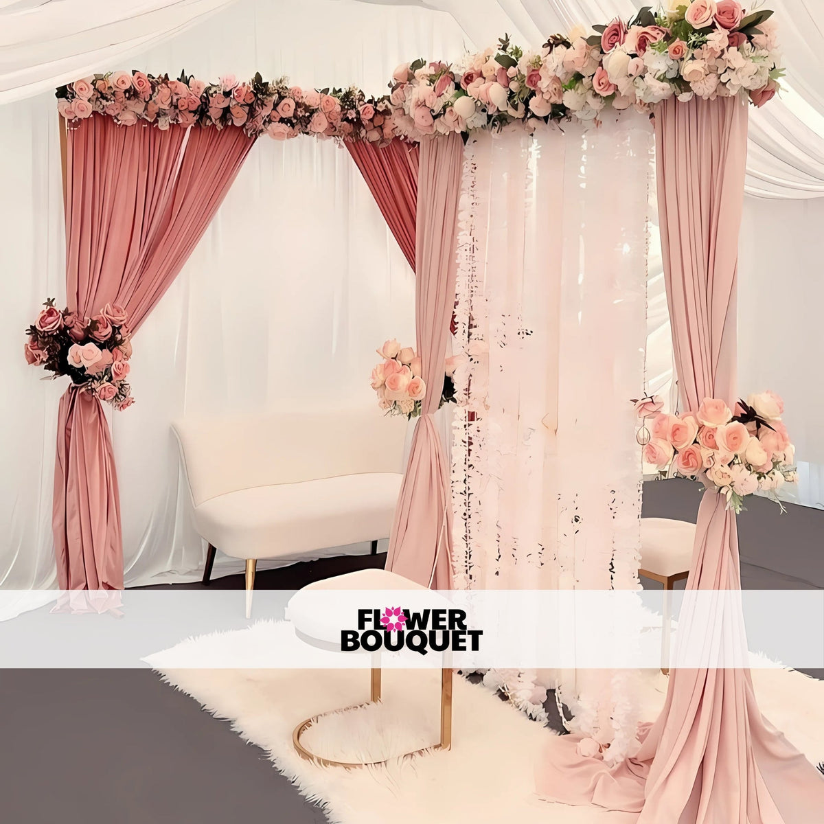 Blush pink Nikah stage with floral drapes and soft pink and white flowers.