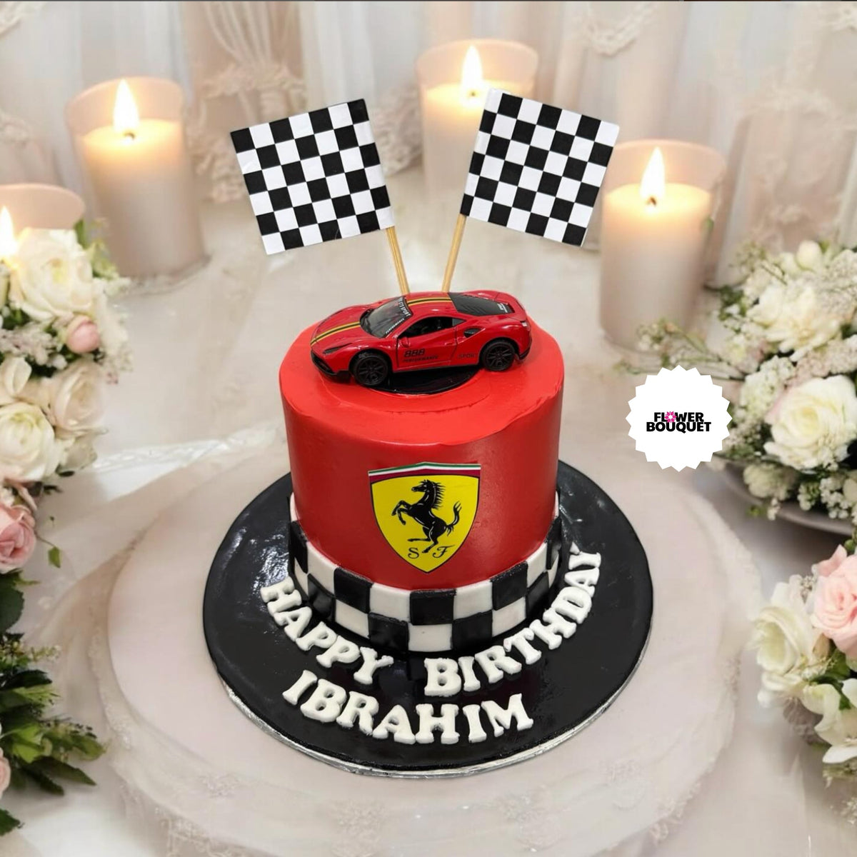 Ferrari-themed birthday cake with red toy car, checkered flags, Ferrari logo, and racing-inspired decorations.