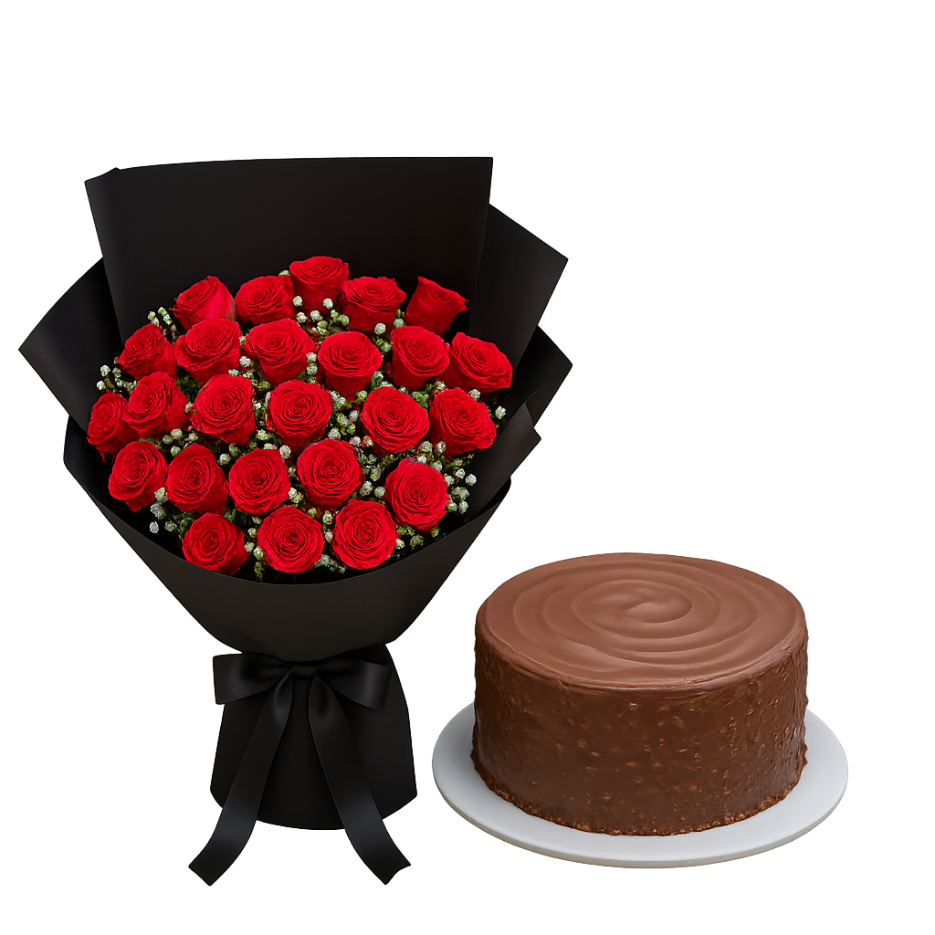 Classic Love Combo – Red Roses with Chocolate Fudge Cake