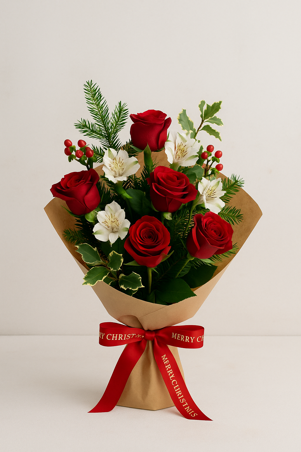 “Christmas flowers bouquet with red roses, white lilies, and festive greens – elegant holiday floral arrangement with ribbon”