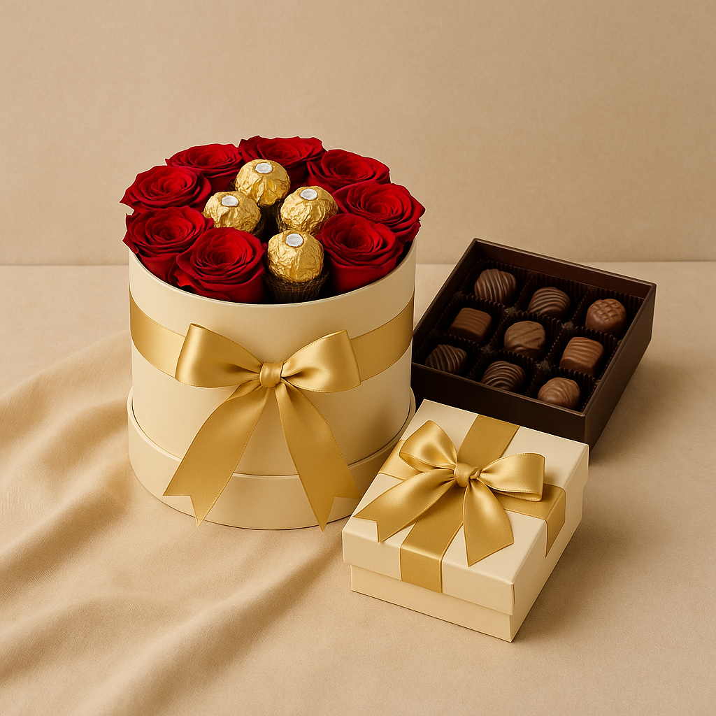Luxury gift hamper with chocolates, flowers and premium packaging for delivery in Pakistan