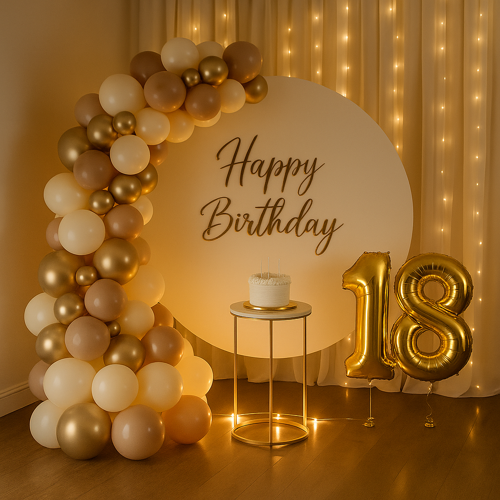 Luxury birthday decoration setup with balloons, lights and themed backdrop in Pakistan