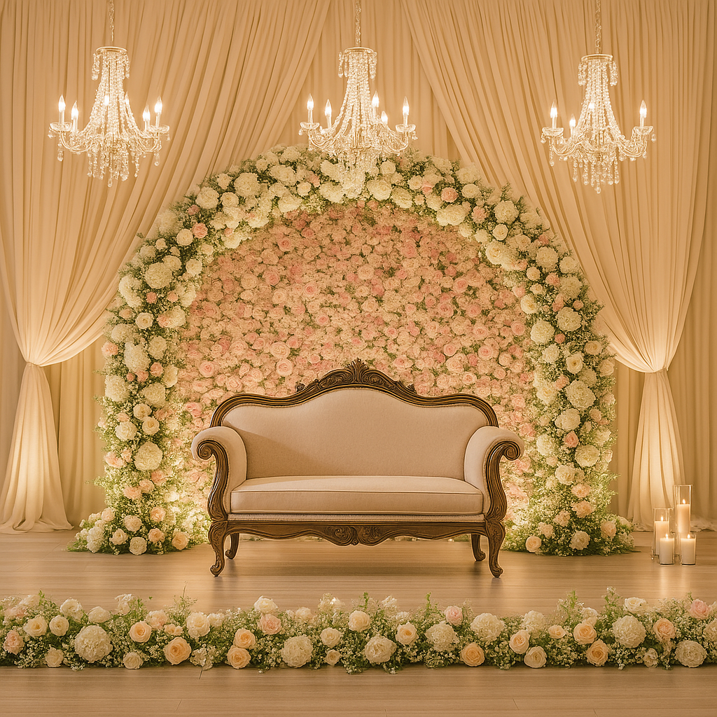 Luxury wedding decoration setup with floral stage, chandeliers and elegant backdrop in Pakistan