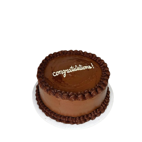 Chocolate congratulations cake with chocolate icing and piped border, topped with “congratulations” message