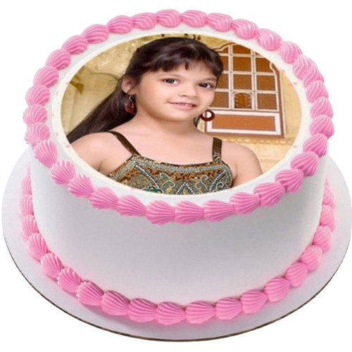 Classic Photo Cake with edible printed image and pink frosting border