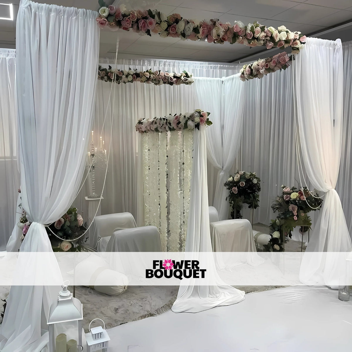 White Nikah canopy with rose floral accents and cascading garlands.