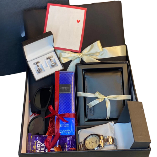 Classic men’s gift box with shalwar kameez, chain watch, perfume, cufflinks, wallet, sunglasses, chocolate, and handwritten card