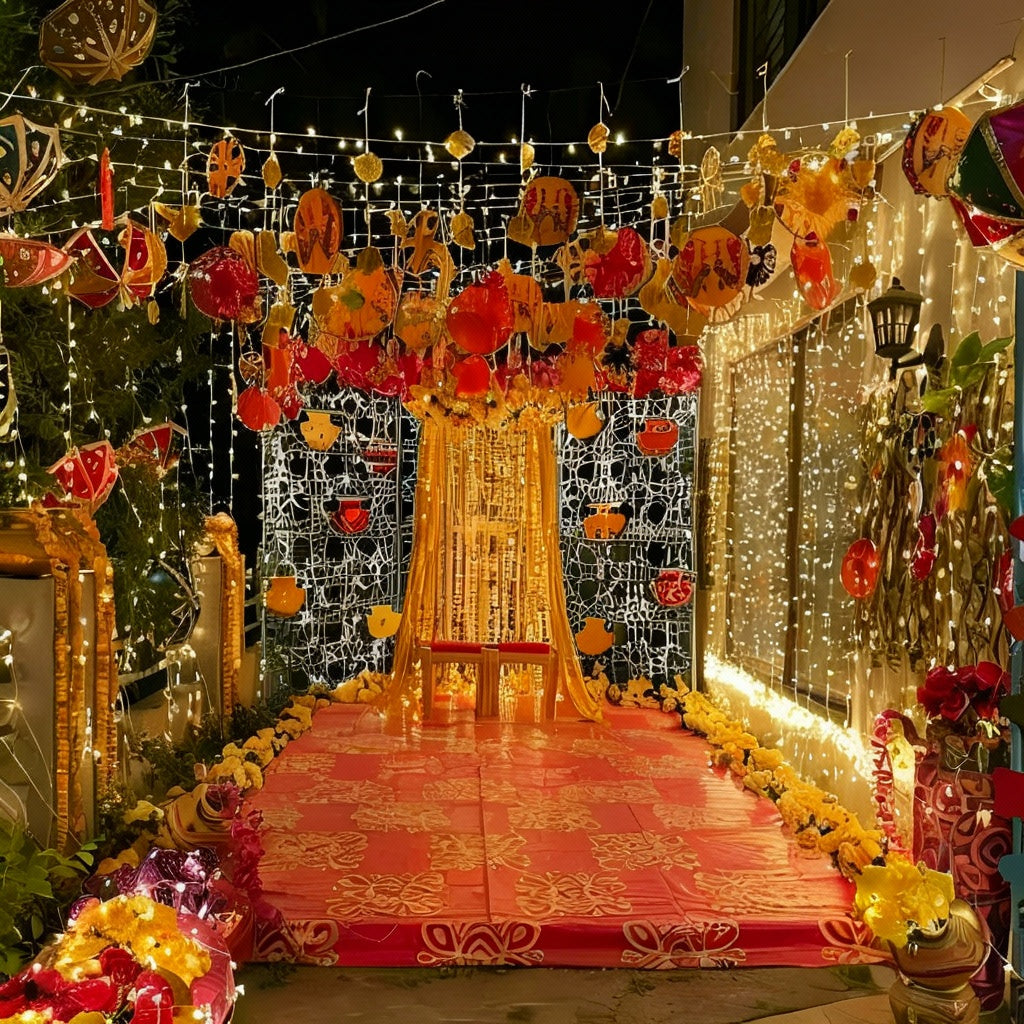 Mehndi decor with vibrant drapes, colorful cushions, and traditional elements for a lively and festive ambiance.