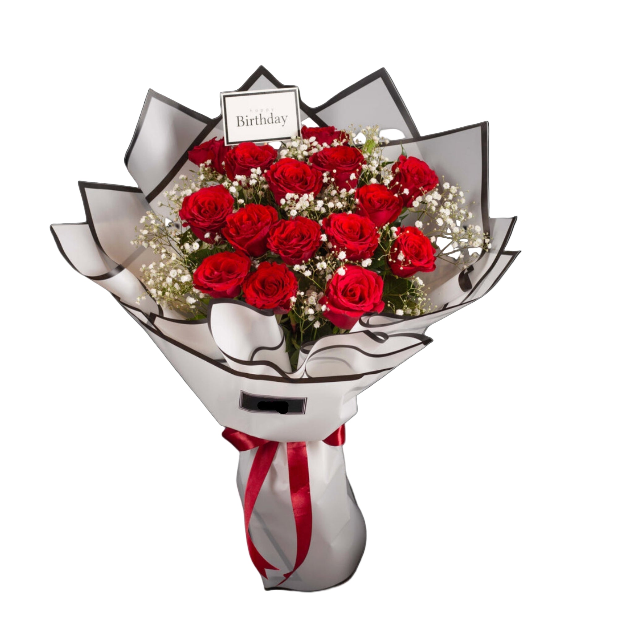 red roses flower boquet with unique white wrapping 