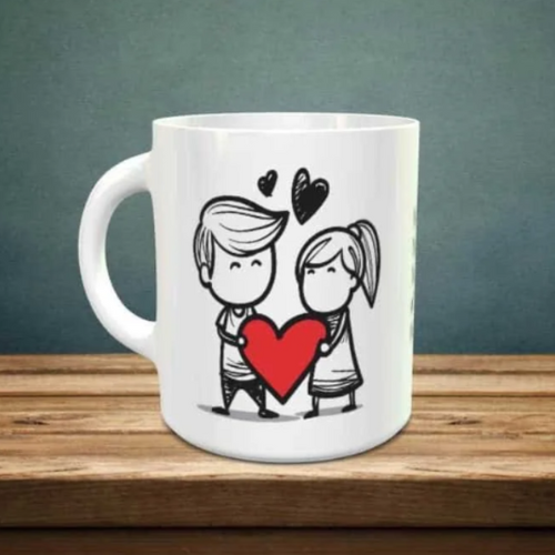 White ceramic mug with cartoon couple holding a red heart and black heart doodles