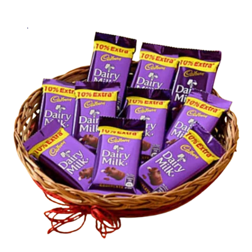 Decorative gift basket filled with 10 Cadbury Dairy Milk chocolate bars, wrapped with a red ribbon