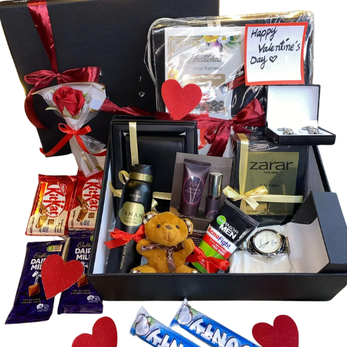 Deluxe Valentine’s Day gift box with cotton suit, watch, perfume, wallet, cufflinks, teddy bear, chocolates, and roses