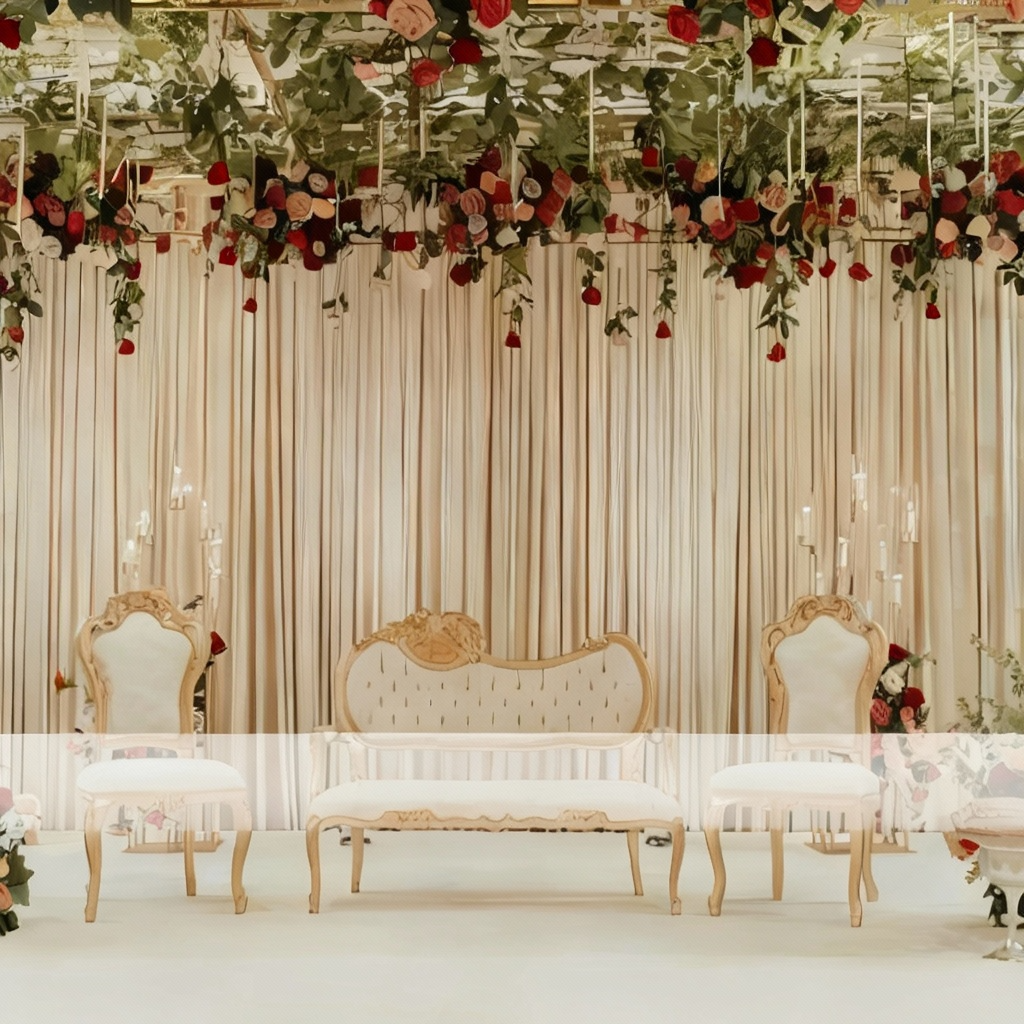 Elegant Barat stage setup with beige drapes, a floral ceiling of red and blush roses, lush green foliage, and white and gold intricately carved chairs and sofa