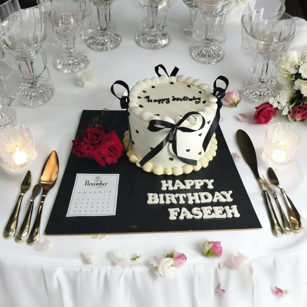 Elegant, personalized birthday celebration with a chic black-and-white theme, a delightful cake, and thoughtful floral accents, creating a sophisticated and memorable event.