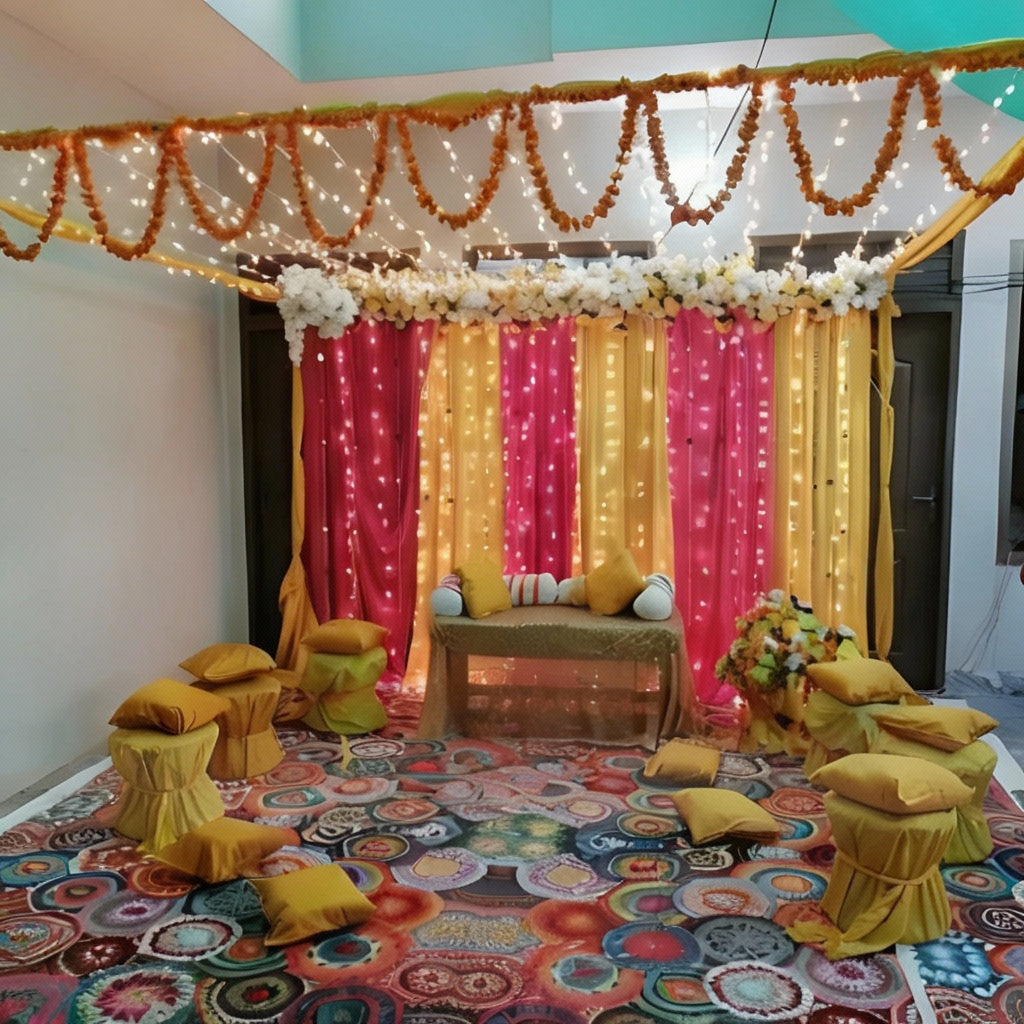 Indoor Mehndi decor with marigold strings, pastel flowers, pink and yellow drapes, fairy lights, and cozy seating for an elegant setup.