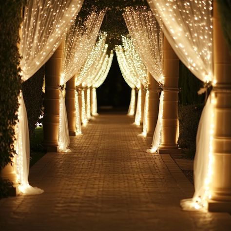 A lighted outdoor archway adorned with string lights and fabric drapes, illuminating a beautiful path for guests.