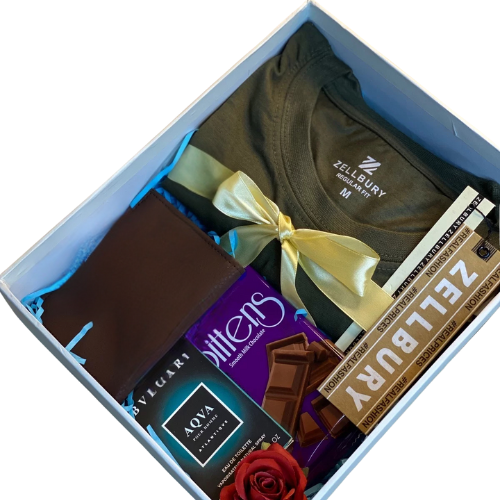 Elegant boyfriend gift box with Zellbury T-shirt, pocket perfume, chocolate, artificial rose, and card holder