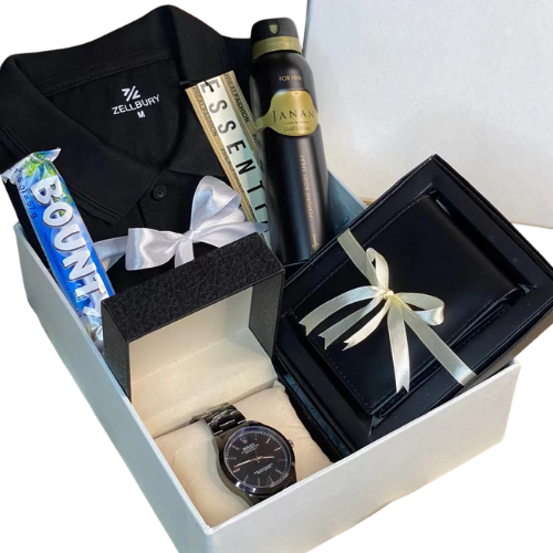Elegant men’s gift set with polo shirt, chain watch, leather wallet, body spray, and chocolate