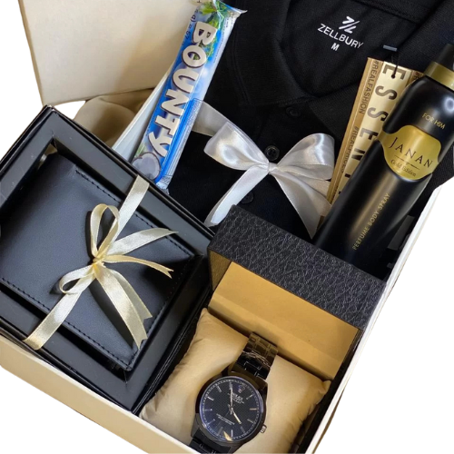 Elegant men’s gift set with polo shirt, chain watch, leather wallet, body spray, and chocolate