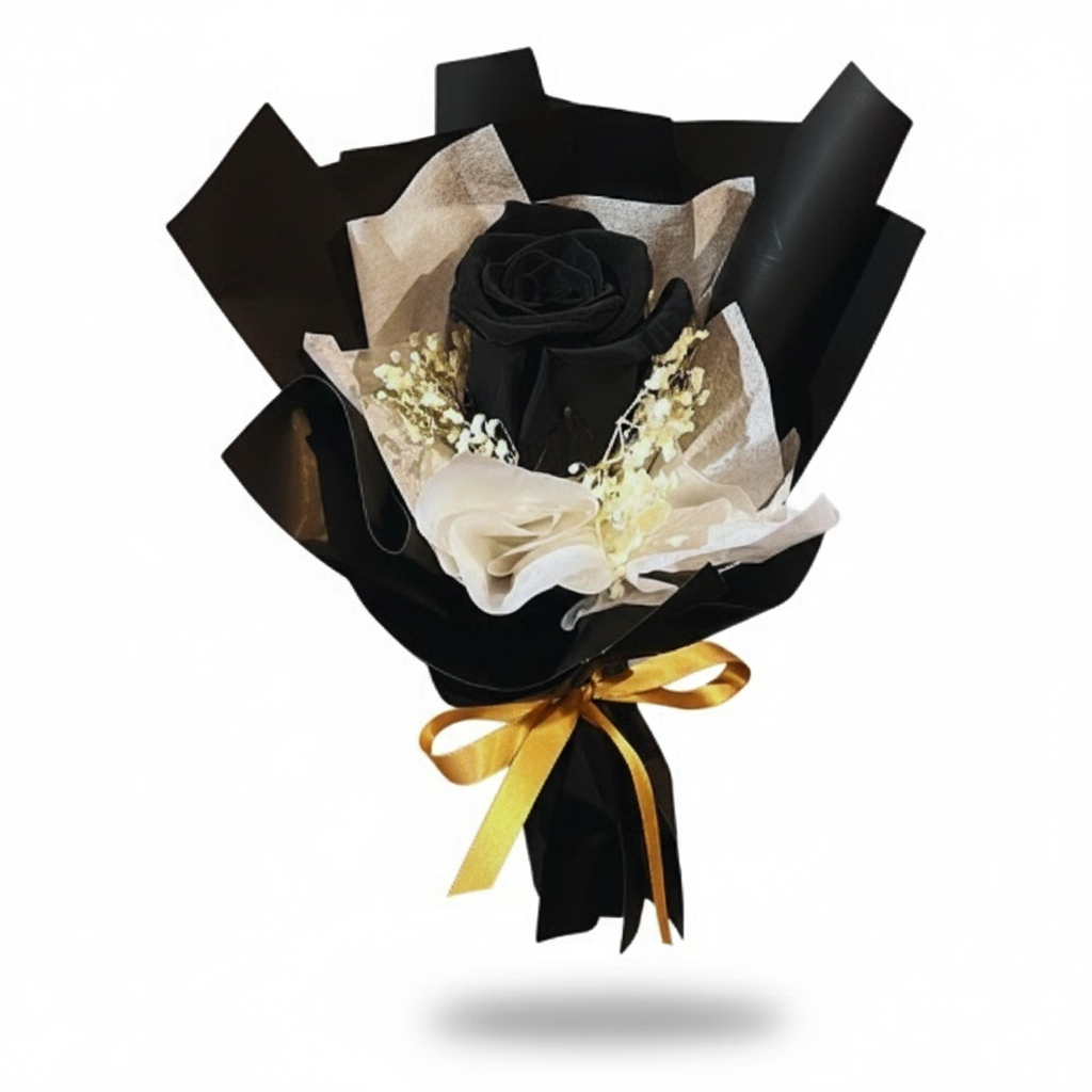 Elegant single black rose bouquet with white accents and golden ribbon – luxury romantic floral gift