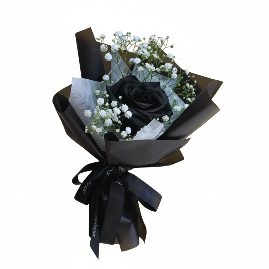 Elegant single black rose bouquet with white accents and golden ribbon – luxury romantic floral gift