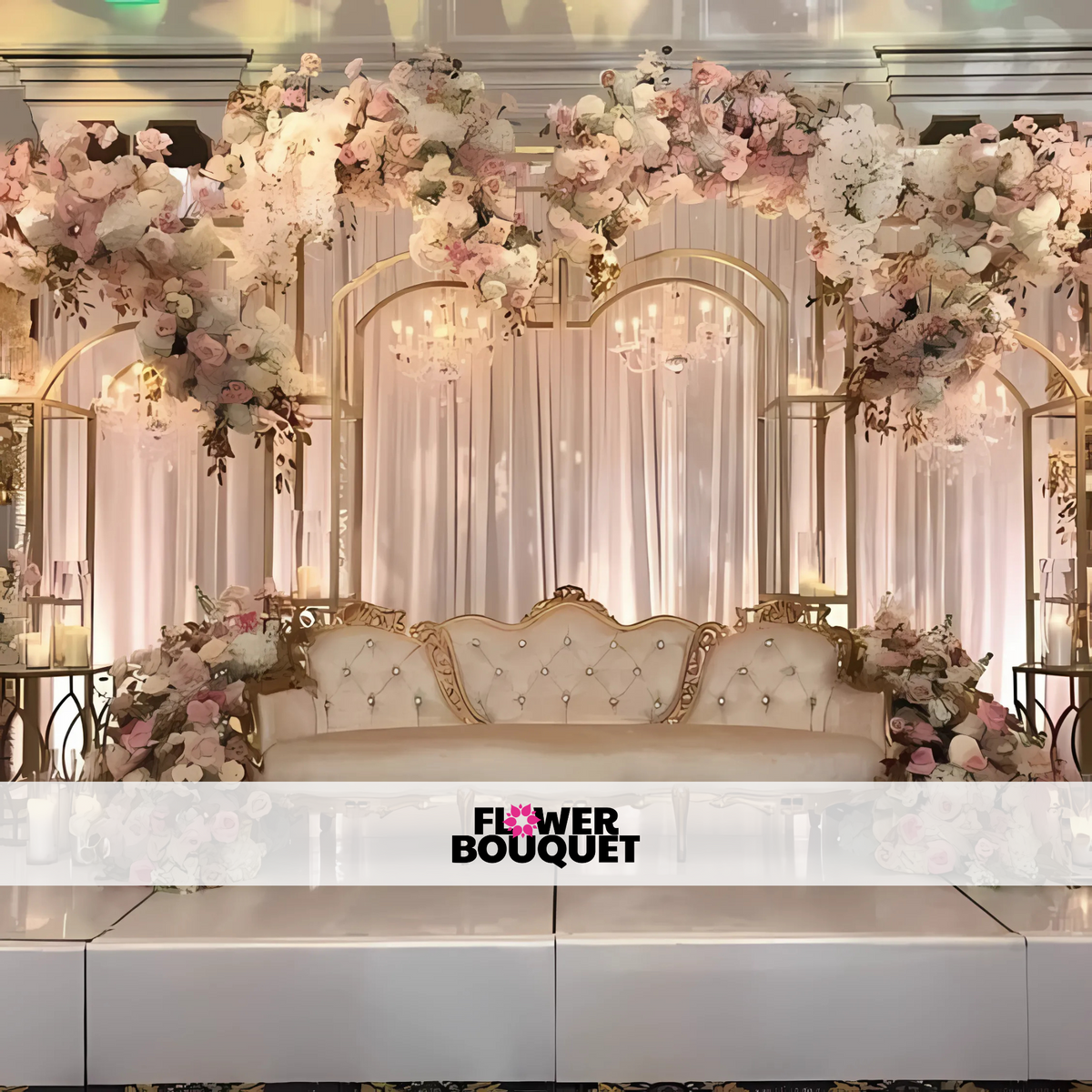 Elegant wedding stage with a blush floral canopy, gold arches, tufted white sofa, and warm chandelier lighting, perfect for luxurious celebrations.