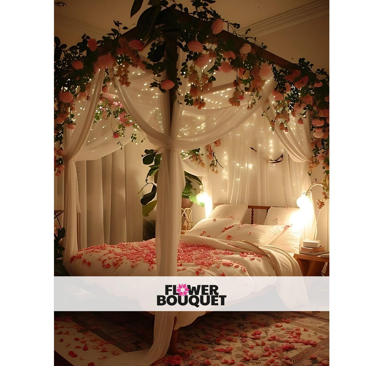 Enchanted Floral Canopy Bed Decor with flowers and greenery, sheer white curtains, beads, and a small white table with flowers and a candle.