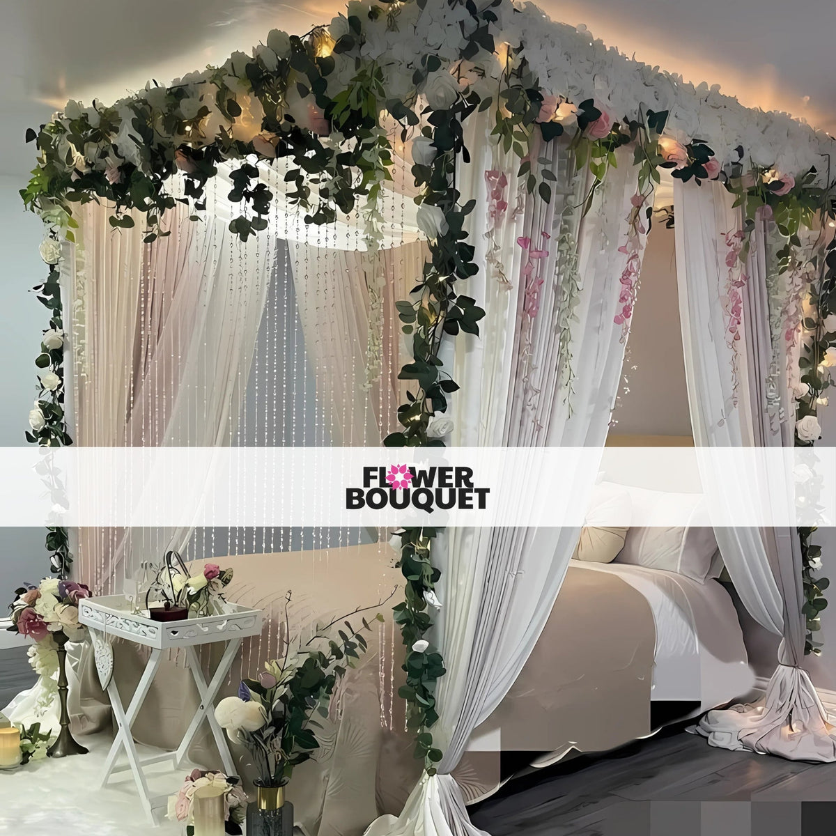 Enchanted Floral Canopy Bed Decor with flowers and greenery, sheer white curtains, beads, and a small white table with flowers and a candle.