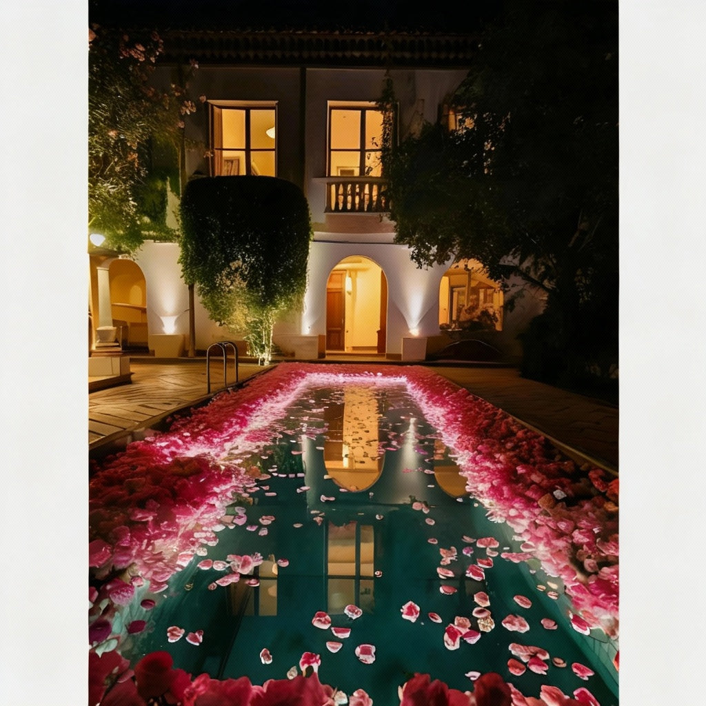 A stunning nighttime scene featuring a lush, flower-filled pool surrounded by a beautifully lit, historic-style building, creating a magical and romantic atmosphere.