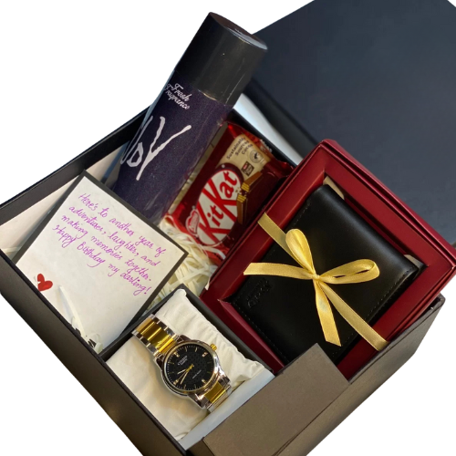 Executive men’s gift box with watch, wallet, perfume, and chocolates – ideal for birthdays and anniversaries in Pakistan