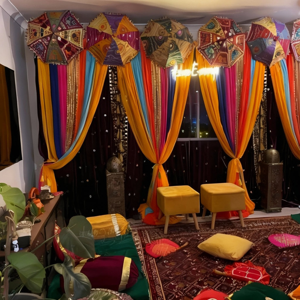Mehndi decor with vibrant umbrellas, colorful drapes, and a sparkling black backdrop, complemented by cozy seating and traditional decor elements.
