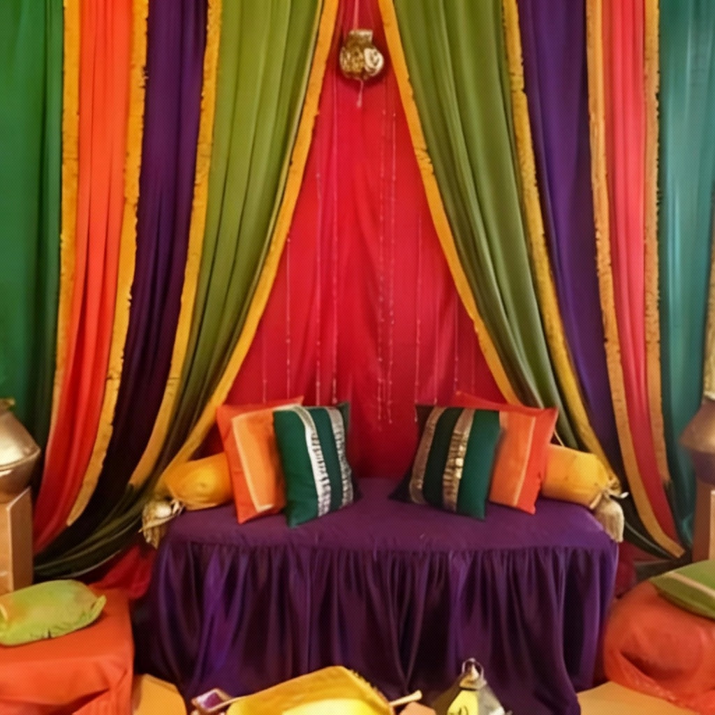 Mehndi stage with a floral arch, multicolored drapes, and fairy lights for an elegant and festive celebration.