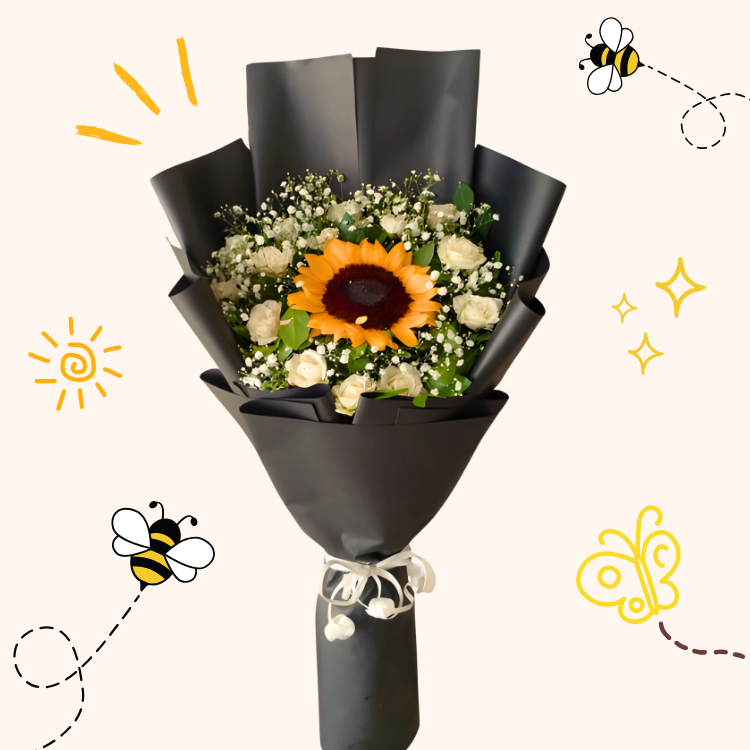 Sunflower & White Roses – Black Wrap