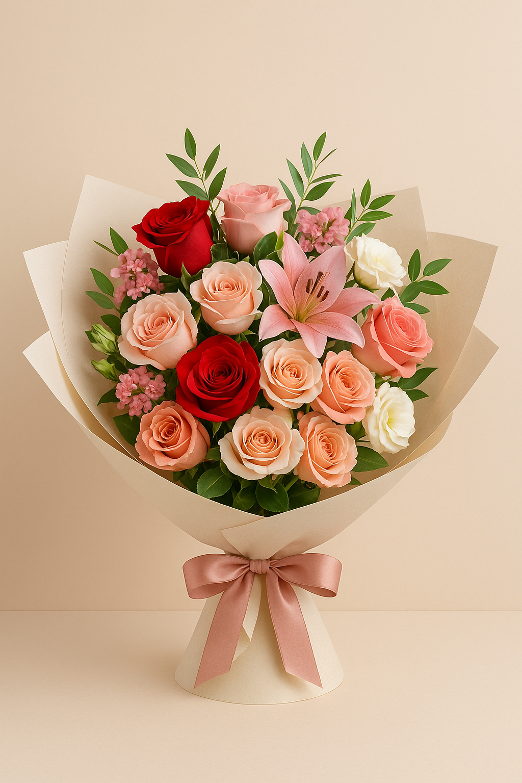 “Flower bouquets featuring red roses, lilies, and mixed blooms – elegant hand-tied floral arrangements for all occasions”