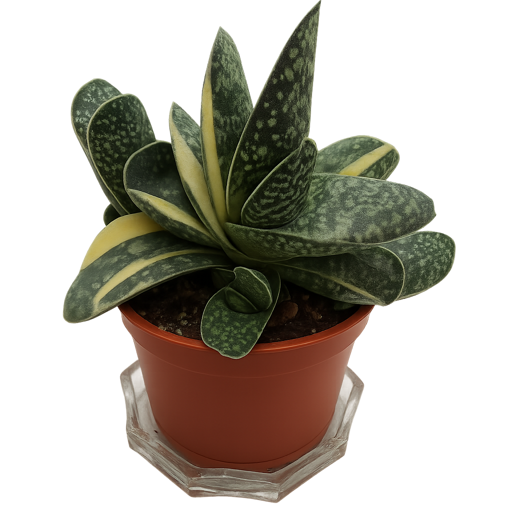 Gasteria Batesiana succulent in a brown plastic pot with thick, speckled green and yellow-striped leaves, isolated on a transparent background (PNG).