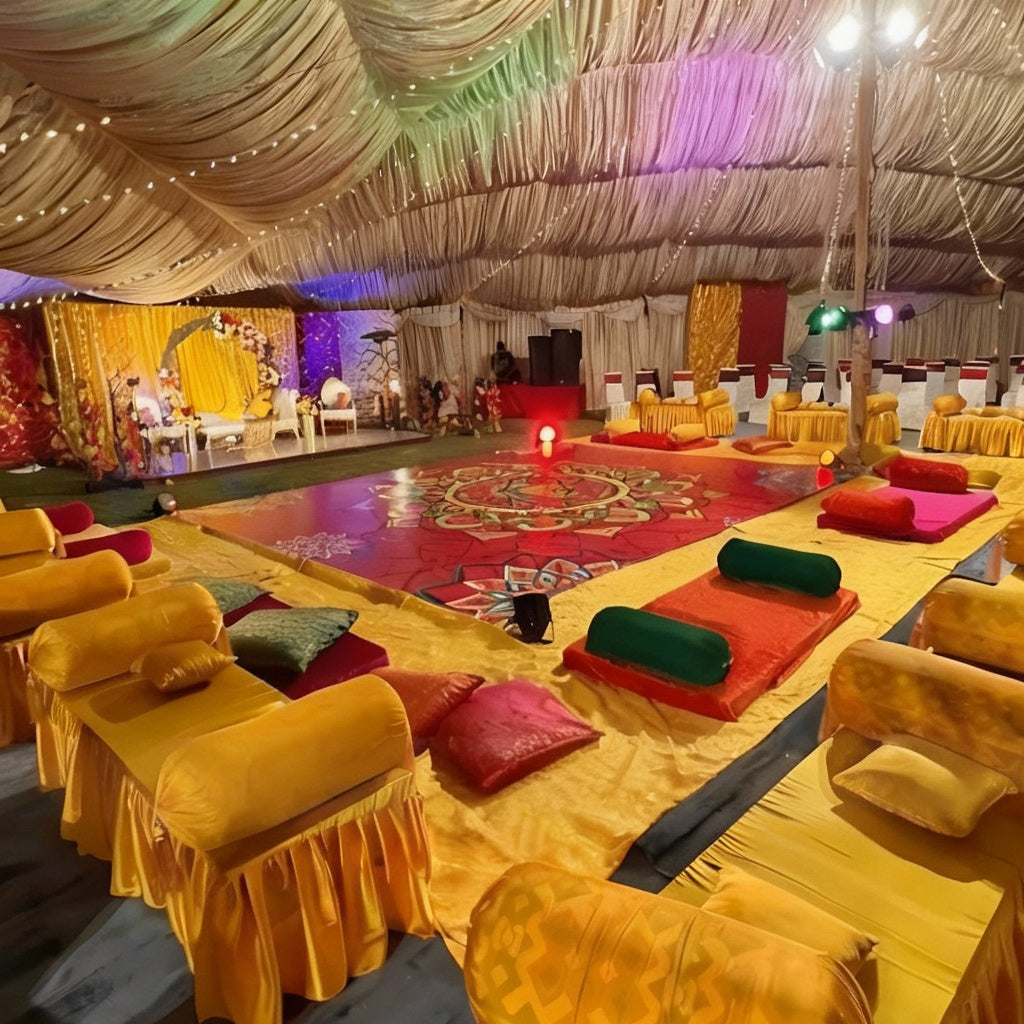 Grand Mehndi decor with a colorful stage, ornate floor designs, cozy seating in yellow and red tones, and detailed lighting for a festive atmosphere.