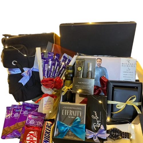 Grand luxury men’s gift box with polo t-shirt, unstitched suit, perfume, sunglasses, watch, wallet, chocolates, and body spray