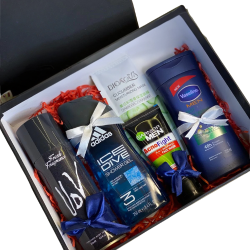 Grooming essentials gift box with shower gel, moisturizer, facewash, body spray, and sheet mask